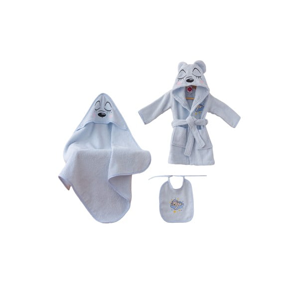 Modrý bavlněný dětský župan a osuška v sadě 3 ks velikost 0-2 roky Bear – Foutastic
