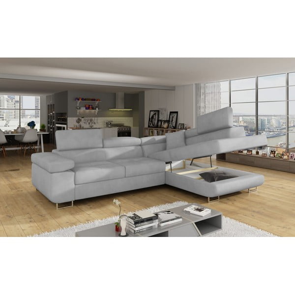 Světle šedá sametová rozkládací/s úložným prostorem rohová pohovka (pravý roh/do L) Anton – ELTAP-image-4