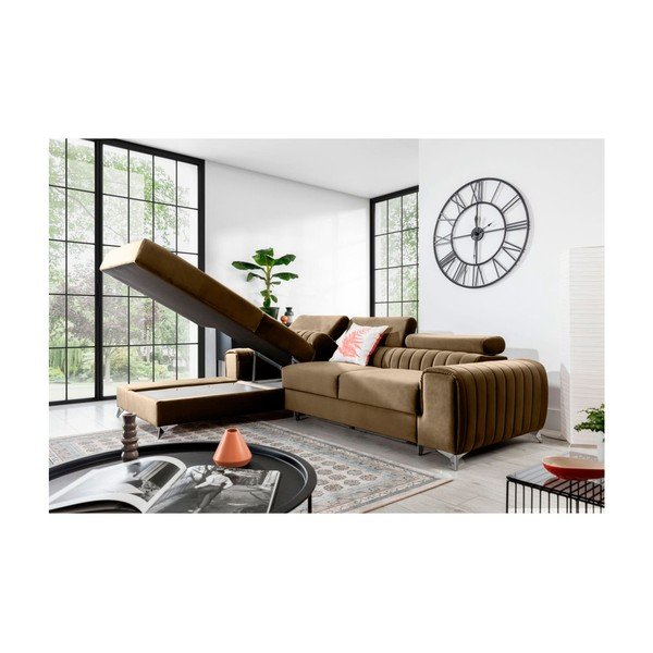 Světle hnědá sametová rozkládací/s úložným prostorem rohová pohovka (levý roh/s lenoškou) Grayson – ELTAP-image-3