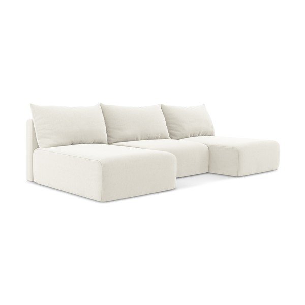 Krémová sametová rozkládací/s úložným prostorem rohová pohovka (do "U") Kalena – Makamii-image-2