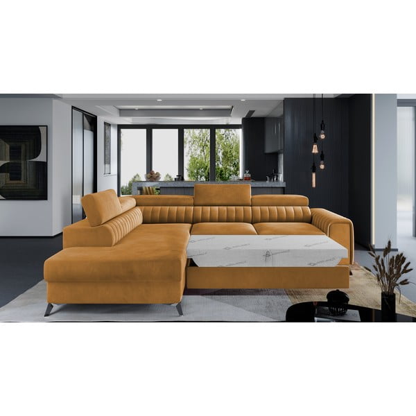 Žlutá sametová rozkládací/s úložným prostorem rohová pohovka (levý roh/do L) Laurence – ELTAP-image-2