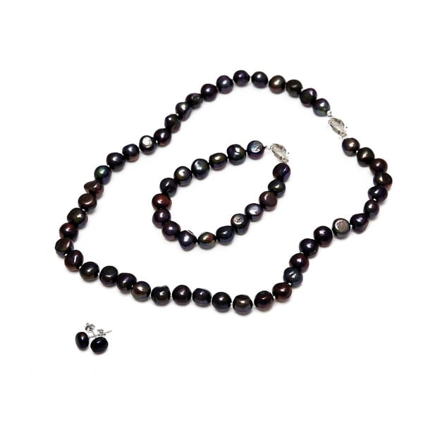 Sada náhrdelníku, náušnic a náramku z říčních perel GemSeller Sericea, černé perly