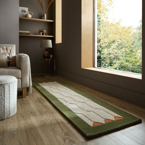 Zelený/v přírodní barvě ručně tkaný vlněný běhoun 60x230 cm Apex Border Wool – Flair Rugs-image-1