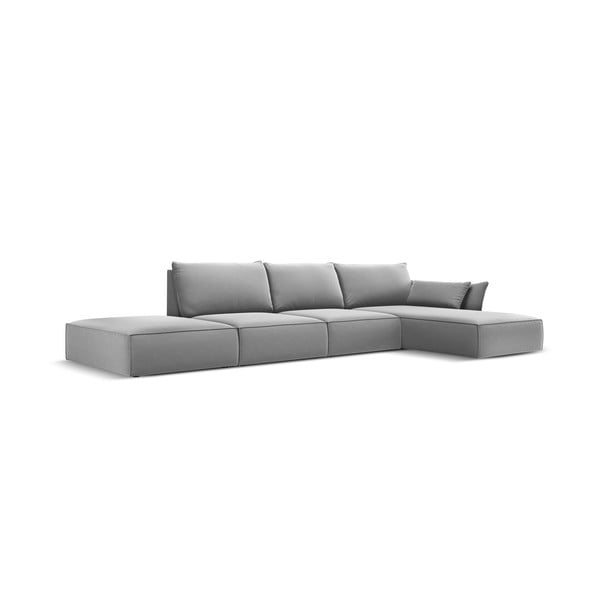 Světle šedá sametová rohová pohovka (pravý roh/s lenoškou) Vanda – Mazzini Sofas-image-2