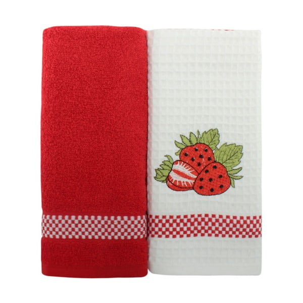 Sada 2 červeno-bílých ručníků z čisté bavlny, 45 x 70 cm