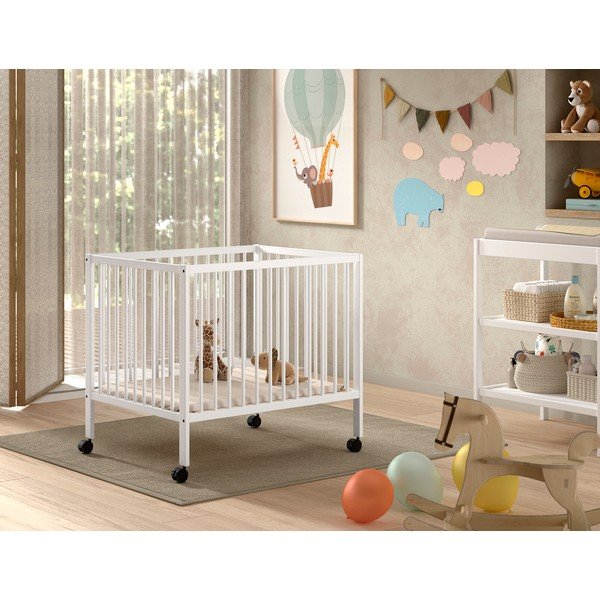 Bílá dětská ohrádka z bukového dřeva s nastavitelnou výškou/na kolečkách 95x75 cm Dino – Vipack-image-1