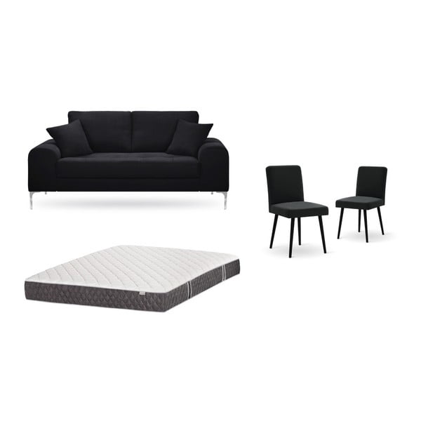 Set dvoumístné černé pohovky, 2 černých židlí a matrace 140 x 200 cm Home Essentials