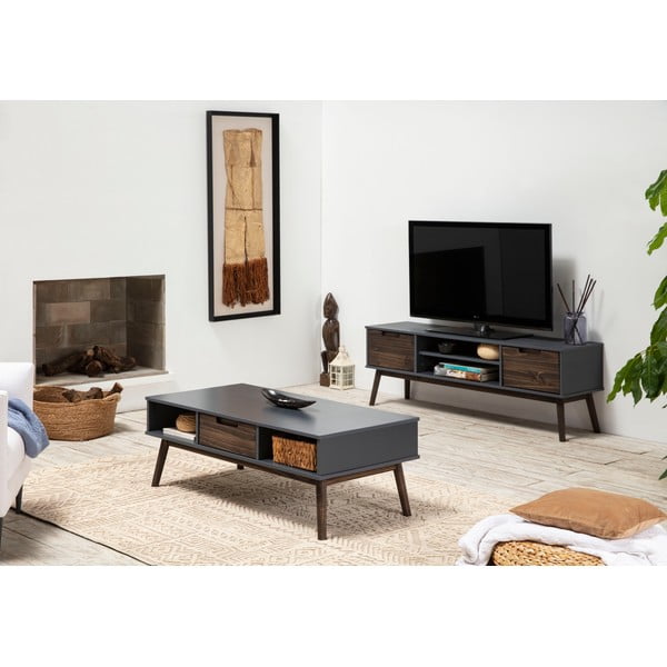 Antracitový/tmavě hnědý TV stolek z borovicového dřeva 140x52,5 cm Nussa – Marckeric-image-1