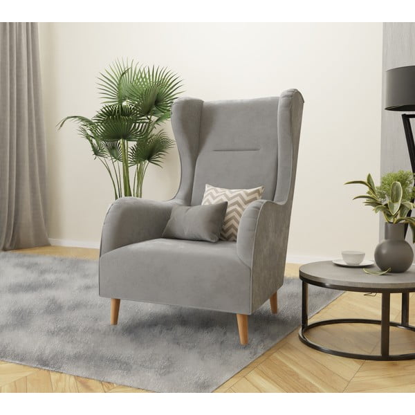 Světle šedé sametové křeslo ušák Carole – Ropez-image-3