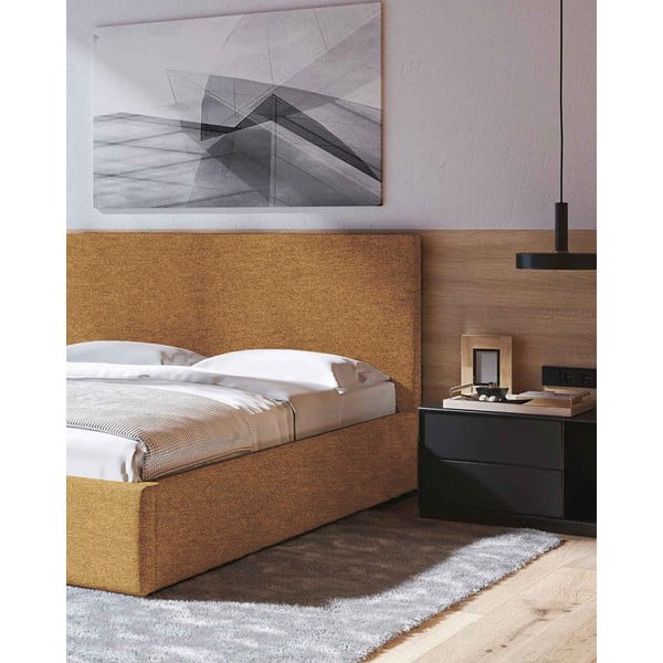 Okrově žlutá čalouněná dvoulůžková postel s úložným prostorem s roštem 180x200 cm Bufo – MESONICA-image-4