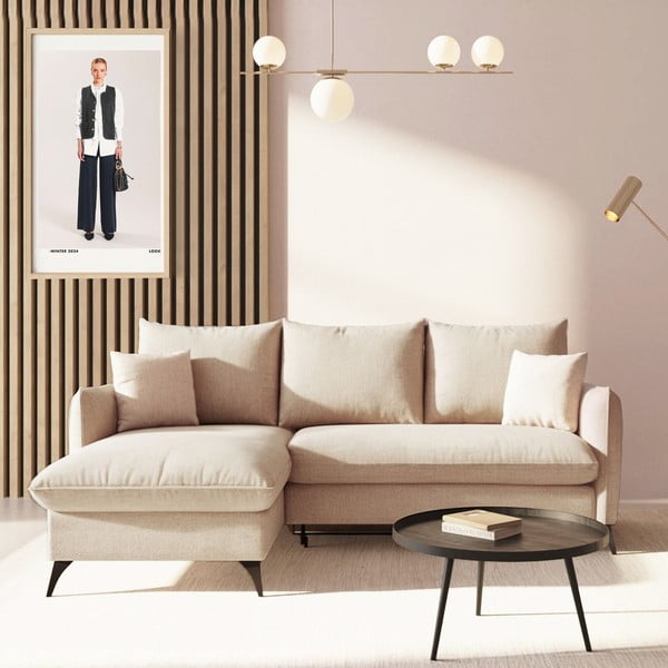 Béžová rozkládací/s úložným prostorem rohová pohovka z textilie bouclé (levý roh/s lenoškou) Brim – Rodier-image-1