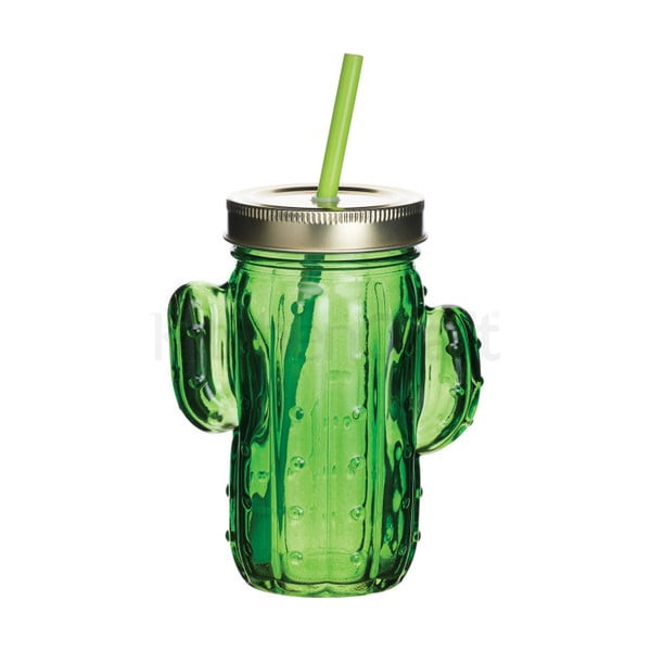 Zelená sklenice s víkem a brčkem ve tvaru kaktusu Kitchen Craft