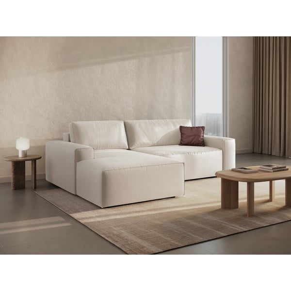 Béžová sametová rozkládací rohová pohovka s úložným prostorem (levý roh/s lenoškou) Jodie – Micadoni -image-2