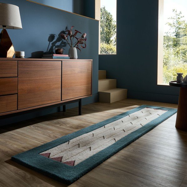 Ručně tkaný vlněný běhoun v přírodní barvě/zelenomodrý 60x230 cm Apex Border Wool – Flair Rugs-image-1