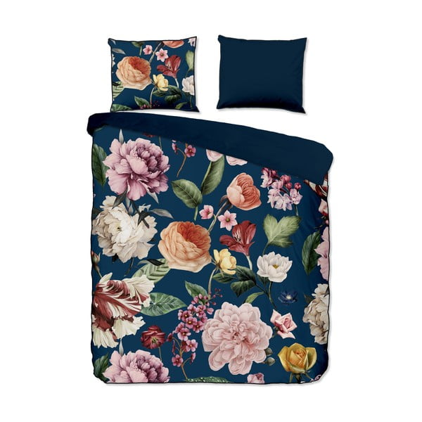 Tmavě modré povlečení na jednolůžko/prodloužené z bavlněného saténu 140x220 cm Fiori – Descanso