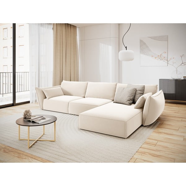 Béžová sametová rohová pohovka (pravý roh/s lenoškou) Vanda – Mazzini Sofas-image-1