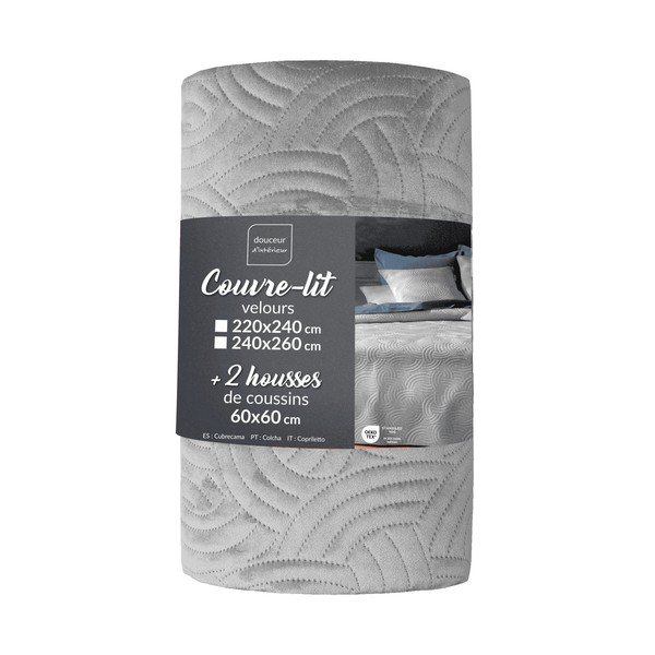 Šedý sametový set přehozu a povlaku na polštář 240x260 cm Solange – douceur d'intérieur