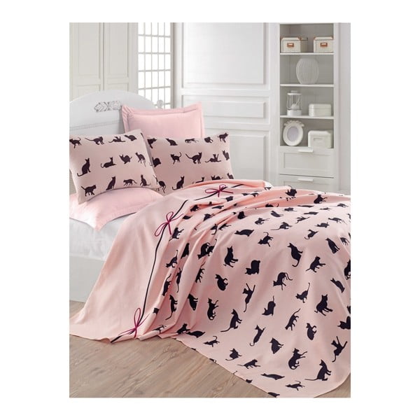 Růžový přehoz přes postel Mijolnir Cats, 160 x 230 cm