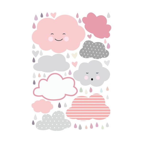 Dětská nástěnná samolepka Ambiance Scandinavian Clouds Under a Rain of Hearts, 90 x 60 cm