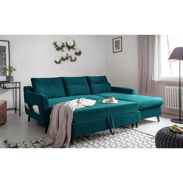 Tyrkysová sametová rozkládací rohová pohovka Miuform Stylish Stan, pravý roh-image-4