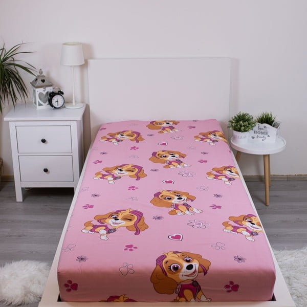 Růžové napínací bavlněné dětské prostěradlo na jednolůžko 90x200 cm Paw Patrol – Jerry Fabrics-image-1