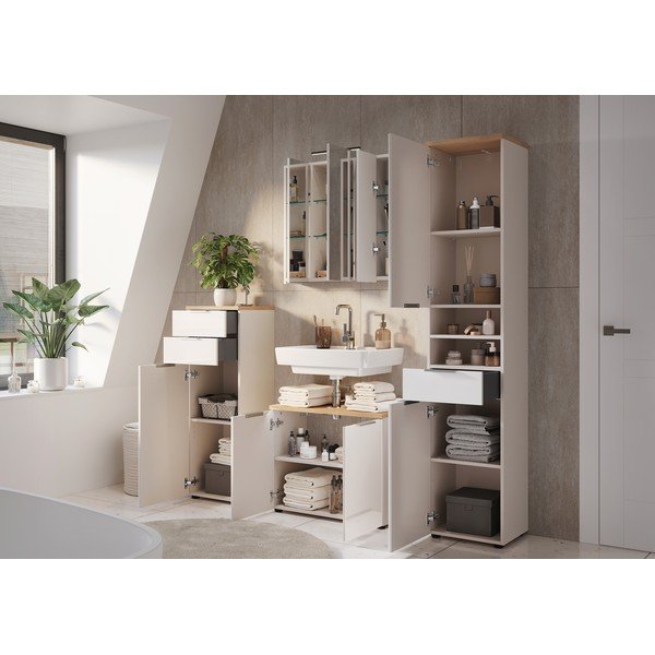 Krémová lesklá vysoká/úzká koupelnová skříňka 39x190 cm Tavira – Germania-image-4