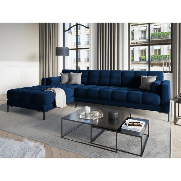 Tmavě modrá sametová rohová pohovka Cosmopolitan Design Bali, levý roh-image-1