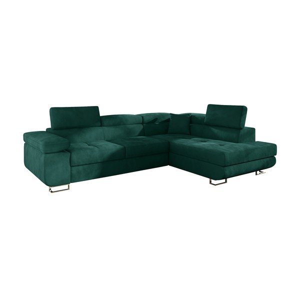 Zelená sametová rozkládací/s úložným prostorem rohová pohovka (pravý roh/do L) Anton – ELTAP-image-2