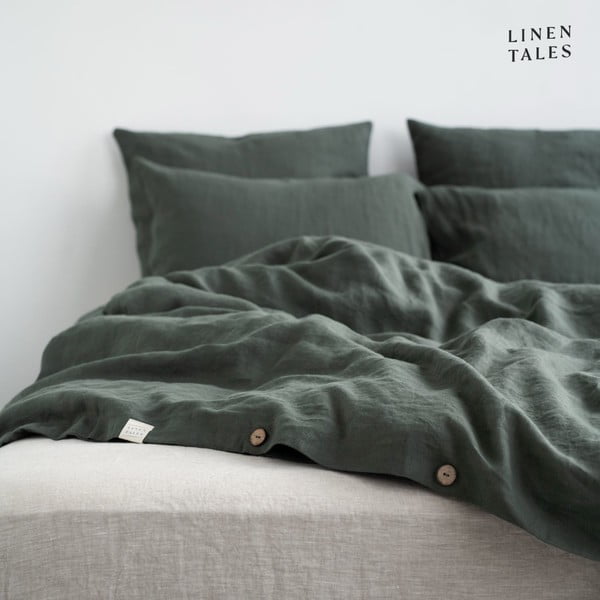Tmavě zelené lněné prodloužené povlečení na jednolůžko 165x220 cm – Linen Tales-image-4