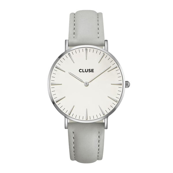Dámské hodinky s šedým koženým řemínkem a detaily ve stříbrné barvě Cluse La Bohéme