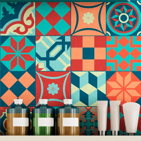Sada 16 nástěnných samolepek Ambiance Wall Stickers Tiles Azulejos Colorful Vintage Style, 10 x 10 cm