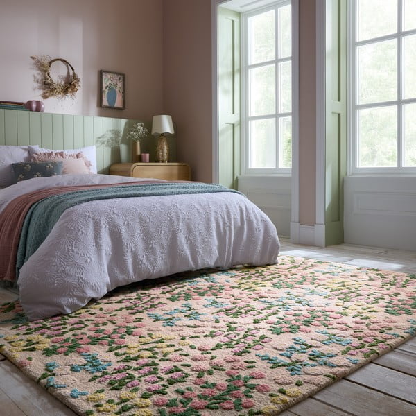 Krémový ručně tkaný vlněný koberec 160x230 cm Emilia Floral – Flair Rugs-image-1