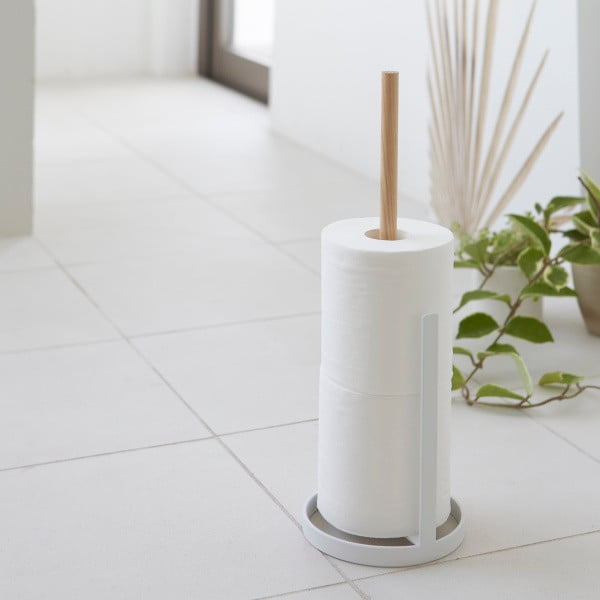 Bílý stojan na náhradní toaletní papíry s detailem z bukového dřeva YAMAZAKI Tosca-image-1
