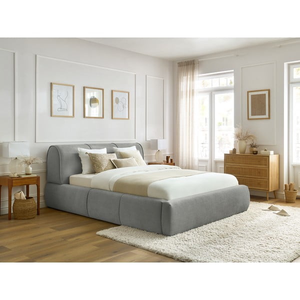 Světle šedá čalouněná dvoulůžková postel s úložným prostorem s roštem 160x200 cm Vernon – Bobochic Paris-image-1
