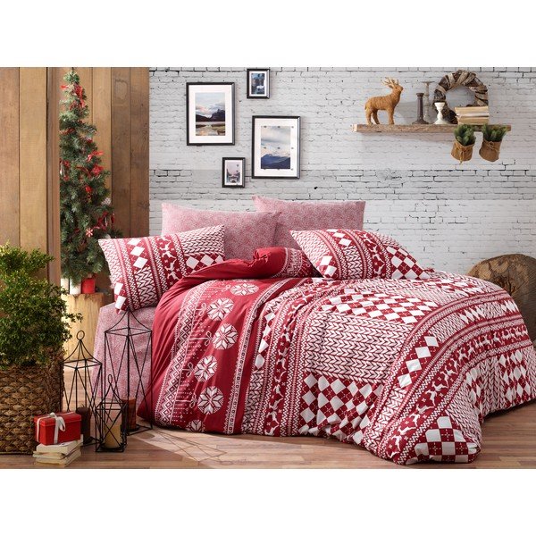 Povlečení s prostěradlem na dvoulůžko z ranforce bavlny Nazenin Home Deer Claret Red, 200 x 220 cm