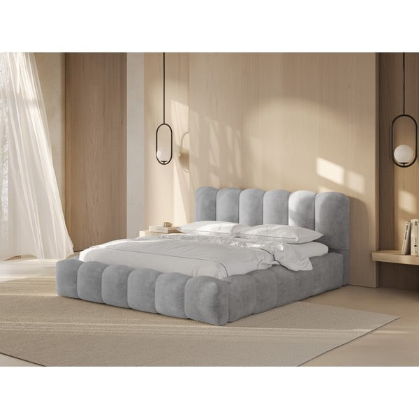 Světle šedá čalouněná dvoulůžková postel s úložným prostorem a roštem 200x200 cm Lupine – Micadoni Home-image-1