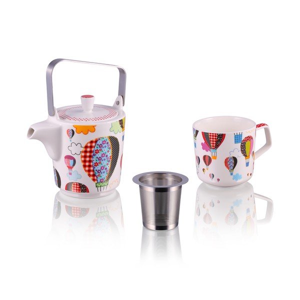 Konvička se 6 hrnky z kostního porcelánu a sítkem na sypaný čaj Silly Design Baloons, 500 ml-image-1