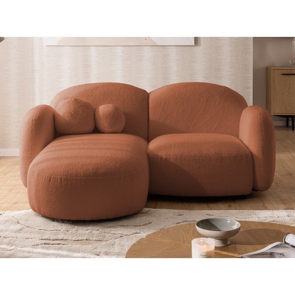 Rohová pohovka z textilie bouclé v terakotové barvě (levý roh/s lenoškou) Orbit – Ropez-image-1