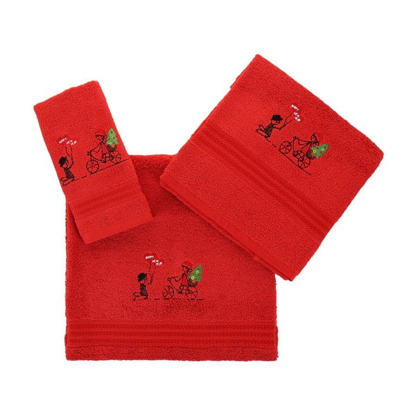 Set červené utěrky, ručníku a osušky z bavlny Bisiklet Red