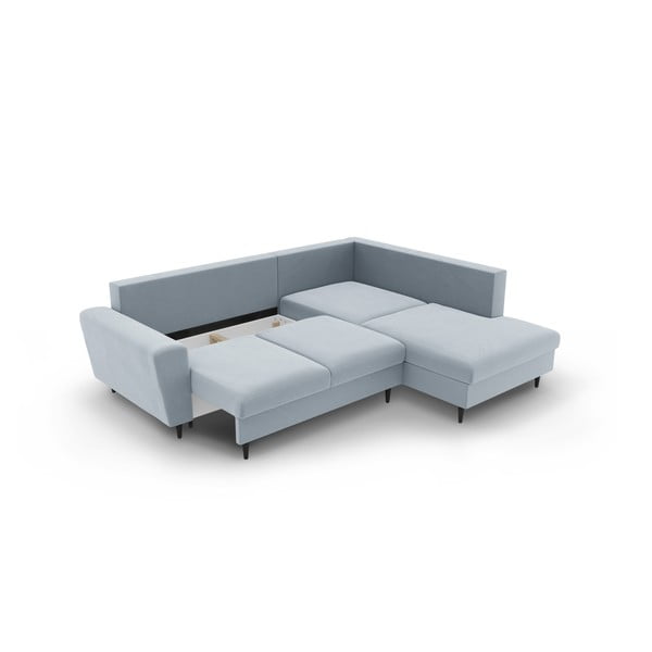Světle modrá sametová rozkládací/s úložným prostorem rohová pohovka (pravý roh/do L) Kyoto – Cosmopolitan Design-image-3