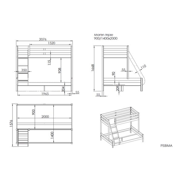 Patrová dětská postel z borovicového dřeva 140x200/90x200 cm v přírodní barvě Pino – Vipack-image-2