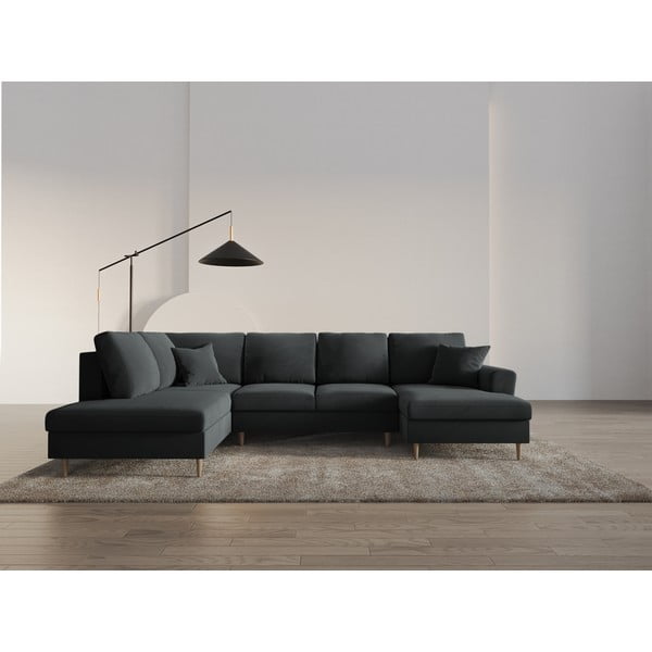 Tmavě šedá sametová rozkládací/s úložným prostorem rohová pohovka (levý roh/do "U") Kyoto – Cosmopolitan Design-image-2