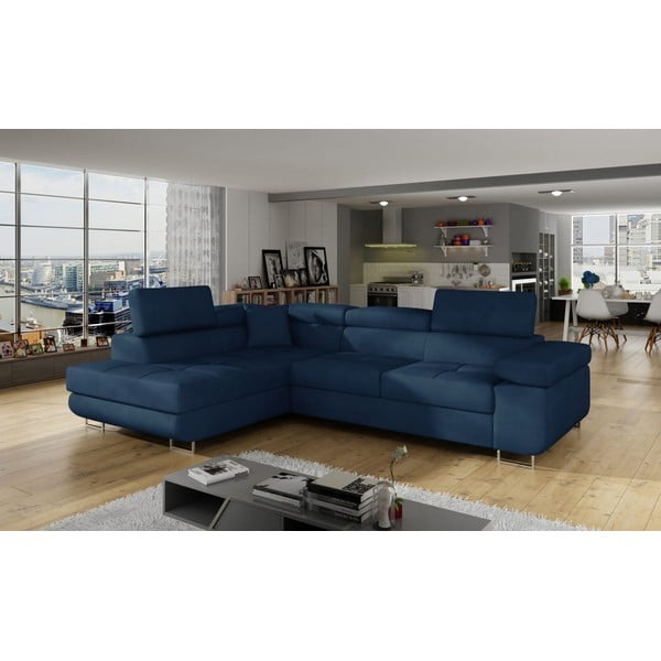 Modrá sametová rozkládací/s úložným prostorem rohová pohovka (levý roh/do L) Anton – ELTAP-image-3