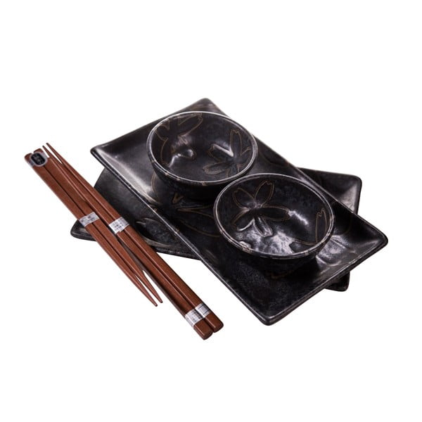 Černý servírovací set na sushi pro 2 osoby MIJ Flower, 100 ml-image-1