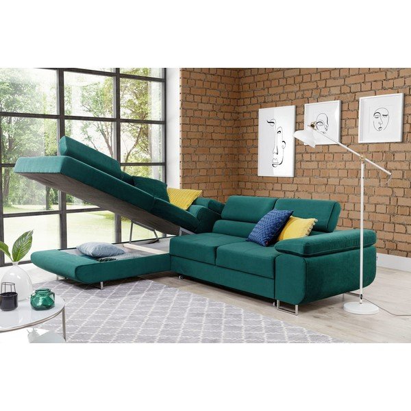 Zelená sametová rozkládací/s úložným prostorem rohová pohovka (levý roh/do L) Anton – ELTAP-image-3