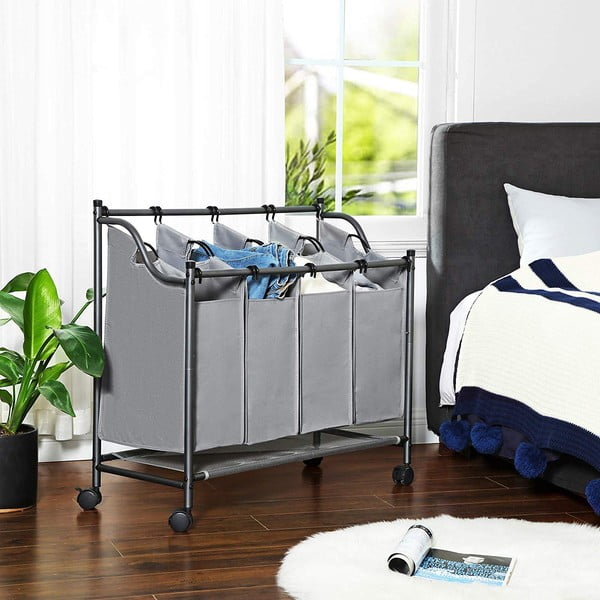 Šedý koš s kolečky a 4 segmenty na prádlo Songmics-image-3