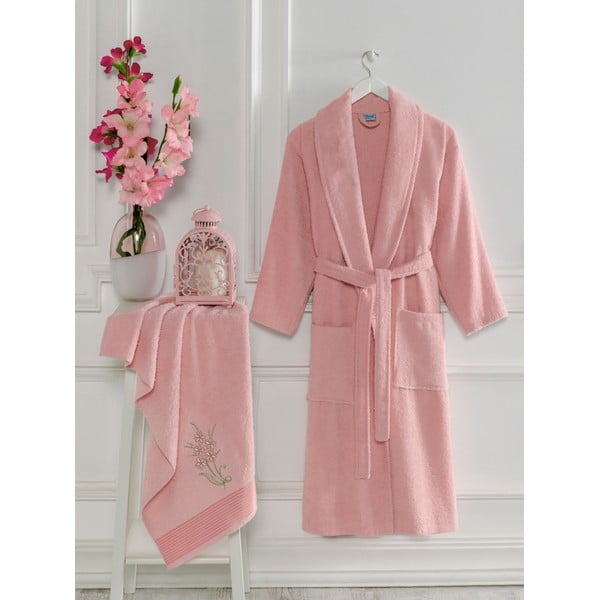 Růžový bavlněný župan a ručník v sadě velikost S/M – Mila Home