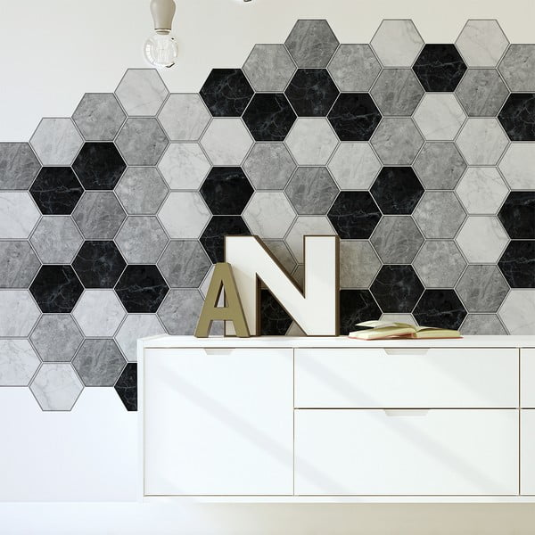 Sada 28 dekorativních samolepek na stěnu Ambiance Hexagons Marble, 15 x 13,5 cm