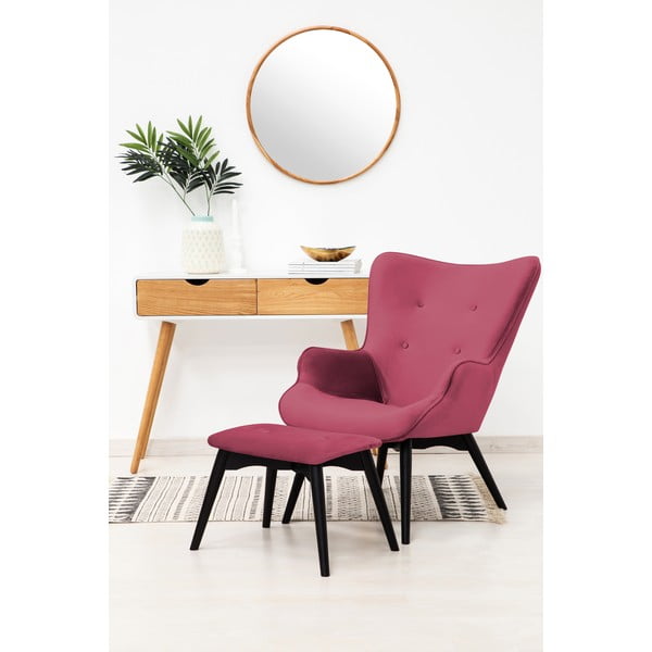 Růžovočervené křeslo a podnožka s podnoží v černé barvě Vivonita Cora Velvet-image-1