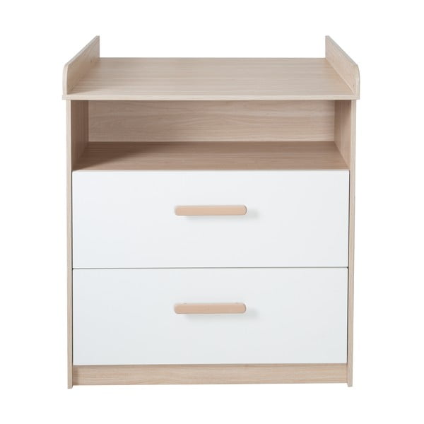 Bílá/v přírodní barvě dětská komoda v dekoru dubu s přebalovacím pultem 88x98x75 cm Cabane – Roba